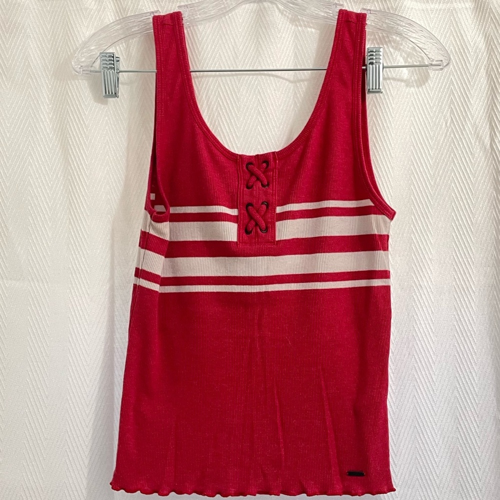 Hollister Red Tank Top with Stripes and Lace-Up Front